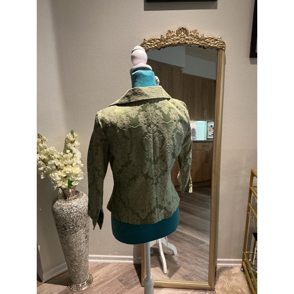 Vintage Sage Green Floral Brocade‎ Cropped Blazer Peplum Jacket Notched Lapel - Picture 7 of 7